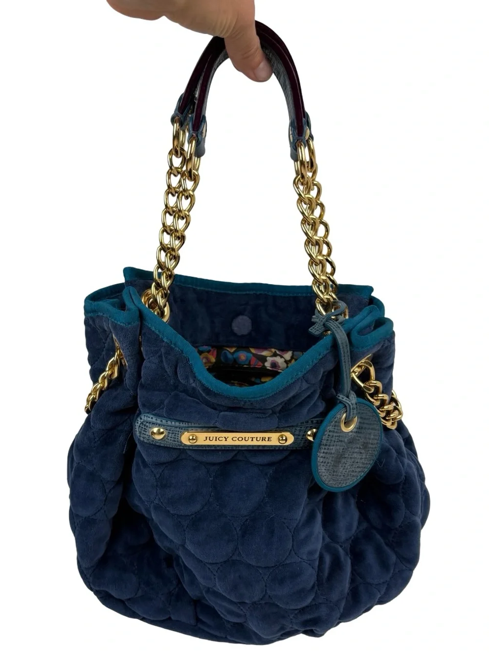 Juicy Couture Navy Quilted Velvet Chain Shoulder Bag Gold Hardware Vintage Blue